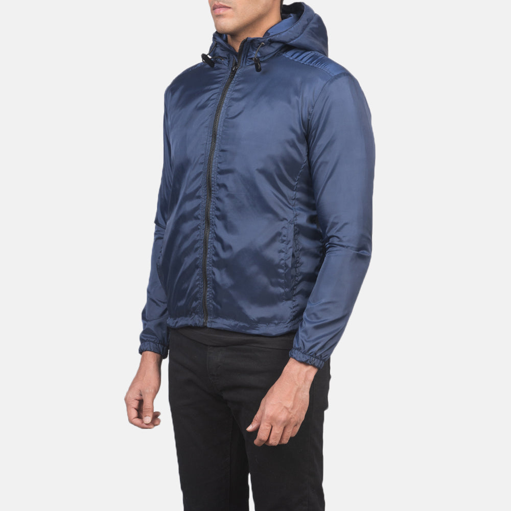 Blue Nylon Hooded Jacket - 展现肩线贴合与利落下摆的背部视角