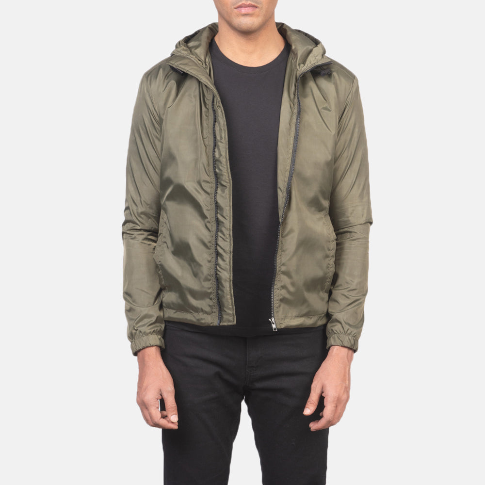 Jimmy Green Hooded Windbreaker Jacket in Green Nylon - 正面版型与定制立体剪裁轮廓 | 官方商城选购