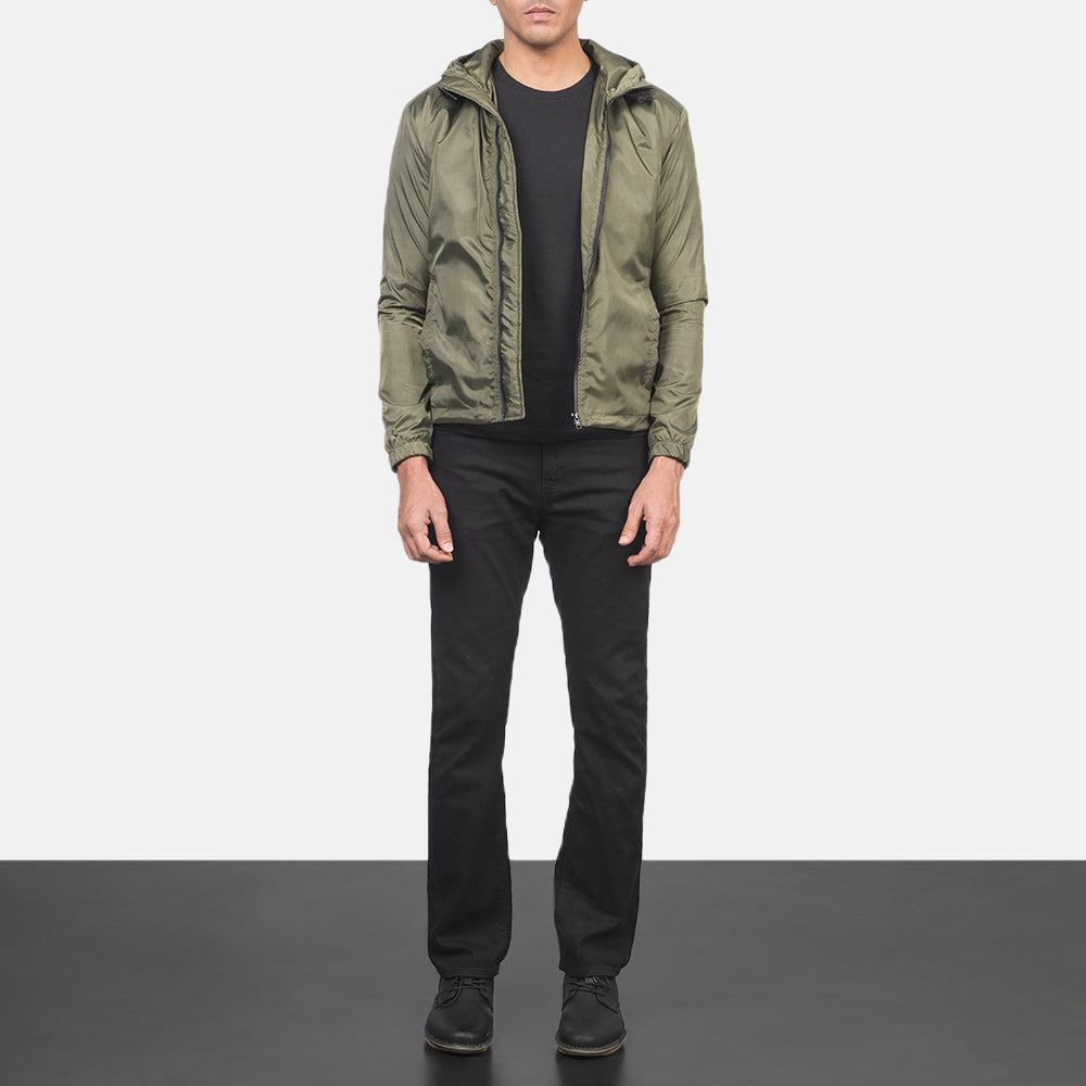 
Jimmy 墨绿色 Hooded Windbreaker 真皮夹克 男士 - 展现立体袖型与合身版型的侧身视角
