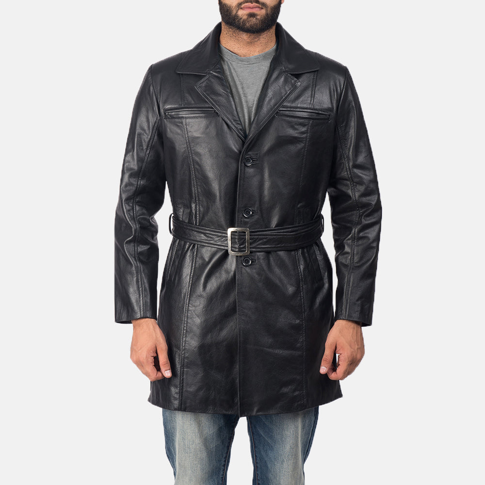Men's Jordan 黑色 真皮大衣 男士 in Black Cowhide Leather - Front Profile View &amp; Tailored Silhouette | Buy Online