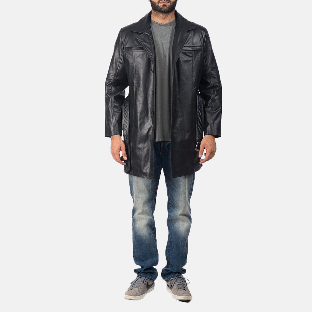 Men's Jordan 黑色 真皮大衣 男士 - Lateral Side Profile View Showing Sleeve Cut &amp; Athletic Taper Fit