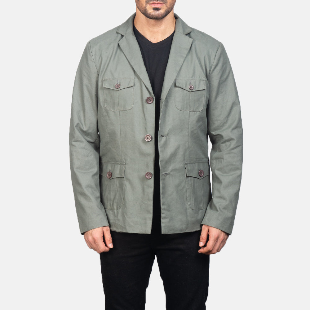 
Kajetan Grey Safari 真皮夹克 男士 in Grey Poly-Cotton - 正面版型与定制立体剪裁轮廓 | 官方商城选购