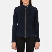 Close-Up Detail of Band with snap button & Zipper Hardware on Women's Kelsee Navy Blue Suede Biker Jacket
