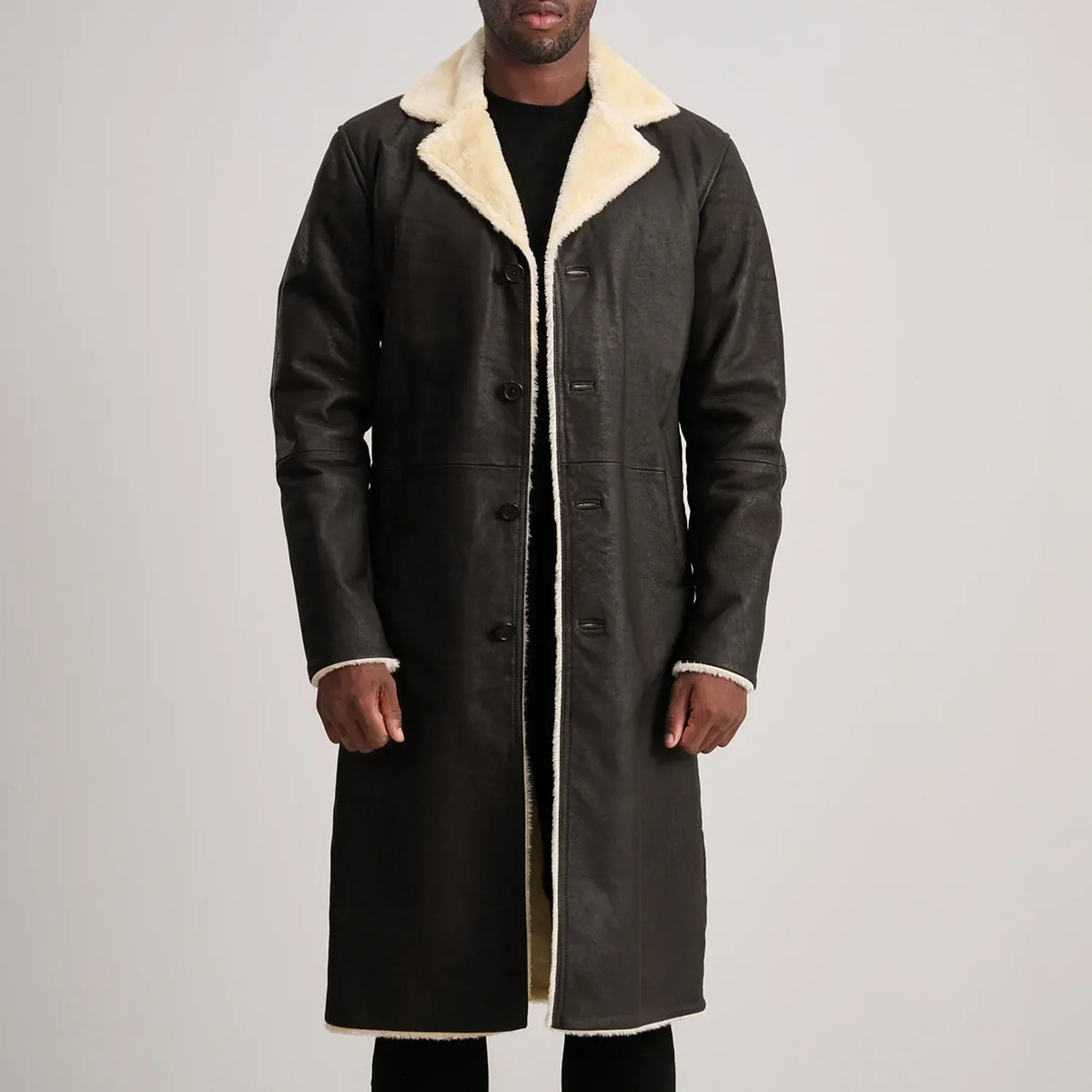 Kolby Tumbled Brown Shearling Long Coat in Brown Sheepskin Snuffed - Front Profile View & Tailored Silhouette | Buy Online