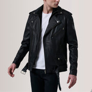 
Kole 经典黑 Leather Double Rider 真皮夹克 男士 For Men in Black Sheepskin Leather - 正面版型与定制立体剪裁轮廓 | 官方商城选购