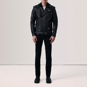 
Black Sheepskin Leather Biker Jacket - 展现肩线贴合与利落下摆的背部视角