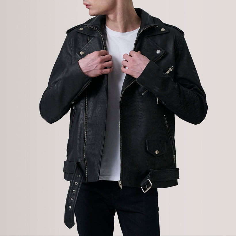 Kole Distressed 经典黑 Leather Double Rider 真皮夹克 男士