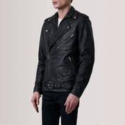
Kole Distressed 经典黑 Leather Double Rider 真皮夹克 男士 - 展现立体袖型与合身版型的侧身视角