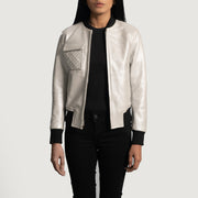 Women's Lana Silver 真皮飞行员夹克 女士 in Silver Sheepskin Leather - Front Profile View &amp; Tailored Silhouette | Buy Online