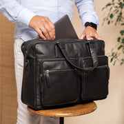 Misha Full-Grain Leather Laptop Bag 女士 - Structured Side Profile Showing Gusset Depth &amp; Expansion Capacity