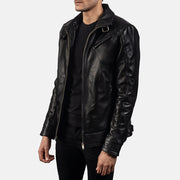 
Black Cowhide Leather Biker Jacket - 展现肩线贴合与利落下摆的背部视角