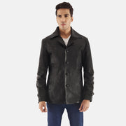 Leo 黑色 真皮大衣 男士 in Black Cowhide Leather - Front Profile View &amp; Tailored Silhouette | Buy Online