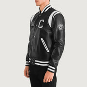 
Black & White Sheepskin Leather Varsity Jacket - 展现肩线贴合与利落下摆的背部视角