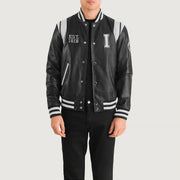 
Liberte Illinois 经典黑 Leather Varsity 真皮夹克 男士 in Black & White Sheepskin Leather - 正面版型与定制立体剪裁轮廓 | 官方商城选购