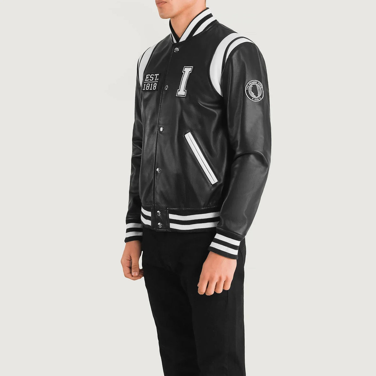 
Black & White Sheepskin Leather Varsity Jacket - 展现肩线贴合与利落下摆的背部视角