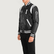 
Black & White Sheepskin Leather Varsity Jacket - 展现肩线贴合与利落下摆的背部视角