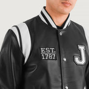 
细节特写 of Varsity & Snap Button Hardware on Liberte New Jersey 经典黑 Leather Varsity 真皮夹克 男士