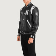 
Black & White Sheepskin Leather Varsity Jacket - 展现肩线贴合与利落下摆的背部视角