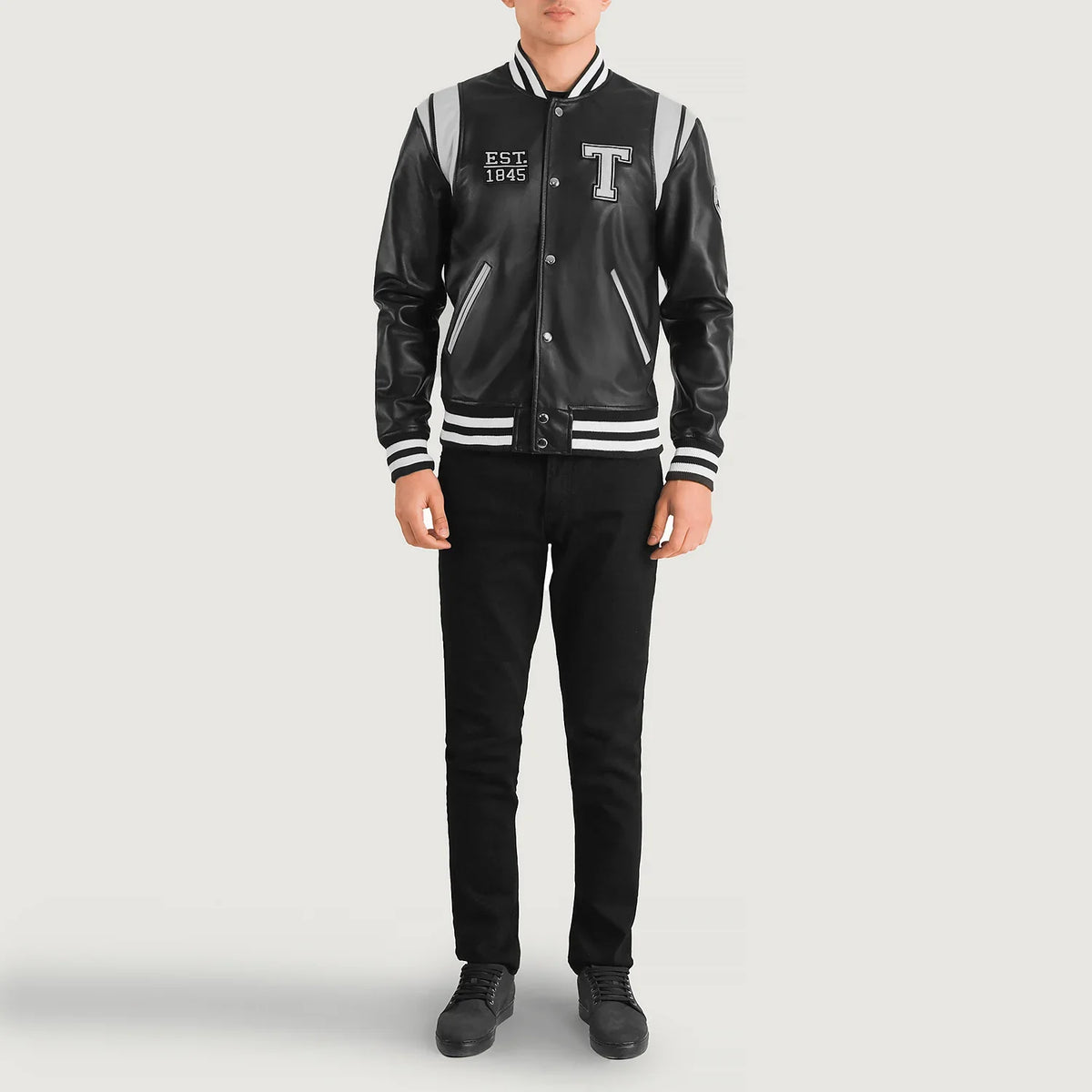 Liberte Texas 黑色 Leather Varsity 真皮夹克 男士 - Lateral Side Profile View Showing Sleeve Cut &amp; Athletic Taper Fit