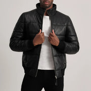 
Lucas Blue Leather Puffer Bomber Jacket in Blue Sheepskin Leather - 正面版型与定制立体剪裁轮廓 | 官方商城选购