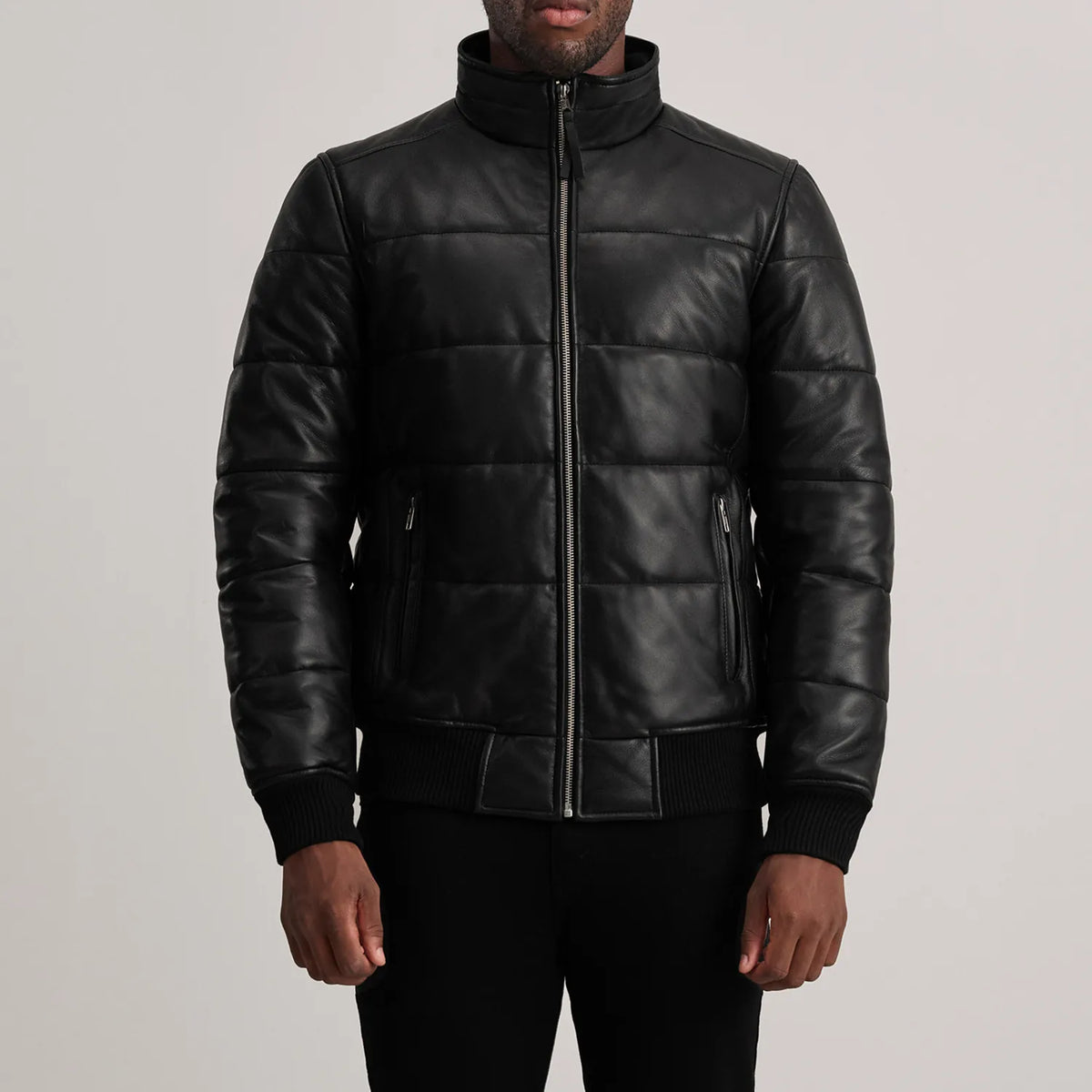 
细节特写 of High neck & Zipper Hardware on Lucas Blue Leather Puffer Bomber Jacket