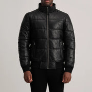 
细节特写 of High neck & Zipper Hardware on Lucas Blue Leather Puffer Bomber Jacket