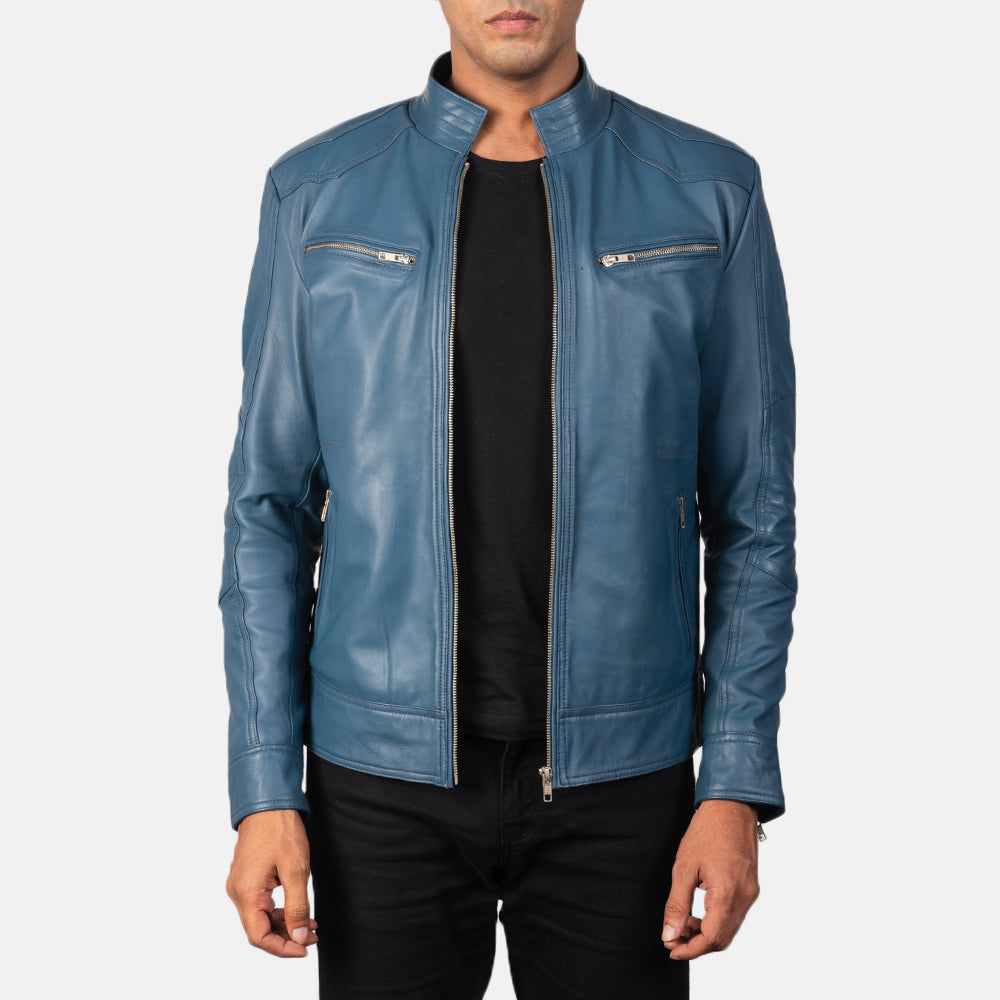 Mack Blue 真皮机车夹克 男士 in Blue Sheepskin Leather - Front Profile View &amp; Tailored Silhouette | Buy Online