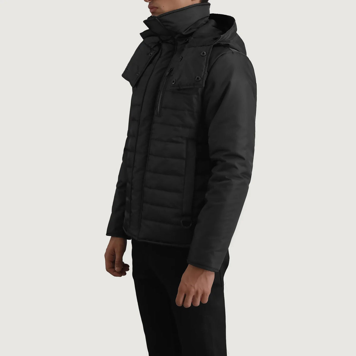 
Black Full-Grain Leather Hooded Jacket - 展现肩线贴合与利落下摆的背部视角