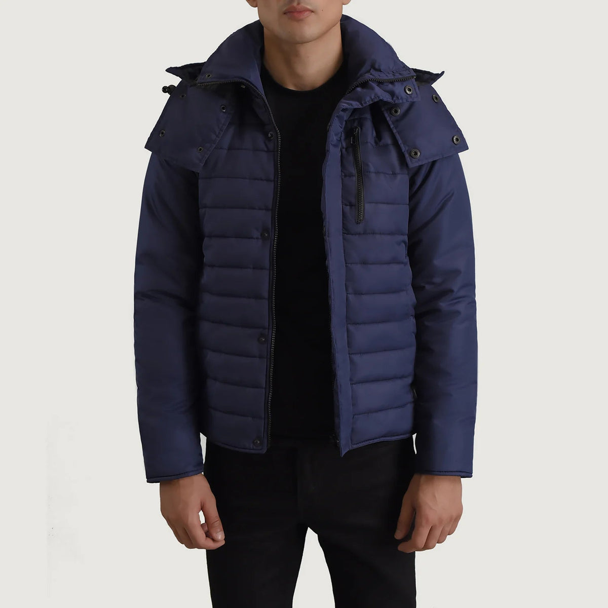 
Malcolm 深海蓝 Hooded Puffer 真皮夹克 男士 in Blue Full-Grain Leather - 正面版型与定制立体剪裁轮廓 | 官方商城选购