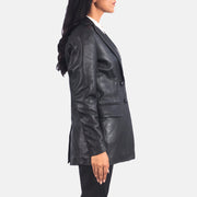 模特上身造型展示： Marilyn Tan Brown Leather Blazer 自然光线下展现天然垂坠质感