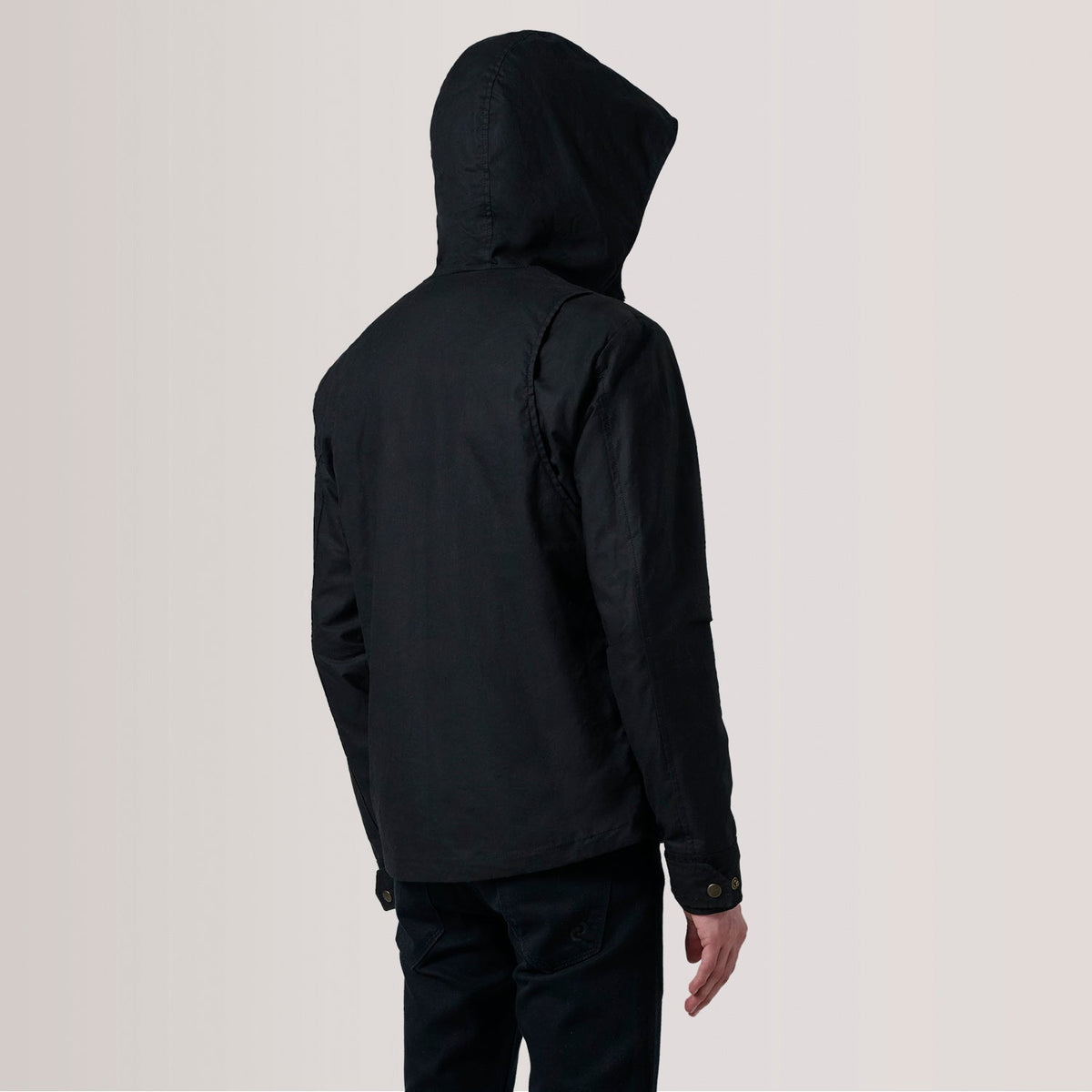 Close-Up Detail of Hooded &amp; Zipper with placket Hardware on Marlo 黑色 Canvas Hooded Work 真皮夹克 男士 For Men