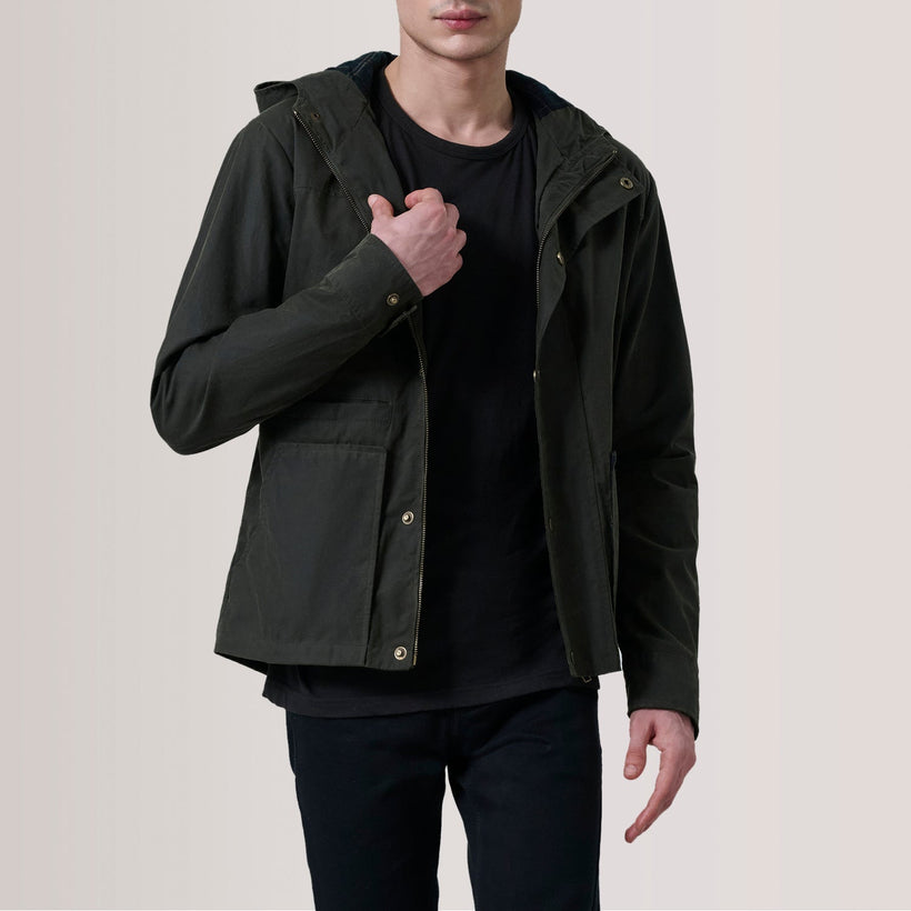 Marlo Olive Canvas Hooded Work 真皮夹克 男士