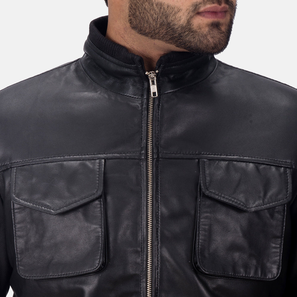 Maurice 黑色 真皮夹克 男士 - Lateral Side Profile View Showing Sleeve Cut &amp; Athletic Taper Fit