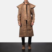 Men's Maverick 棕色 Leather Duster 男士 in Distressed Brown Sheepskin Snuffed - Front Profile View &amp; Tailored Silhouette | Buy Online