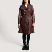 
Maroon Sheepskin Leather Trench Coat - 展现肩线贴合与利落下摆的背部视角