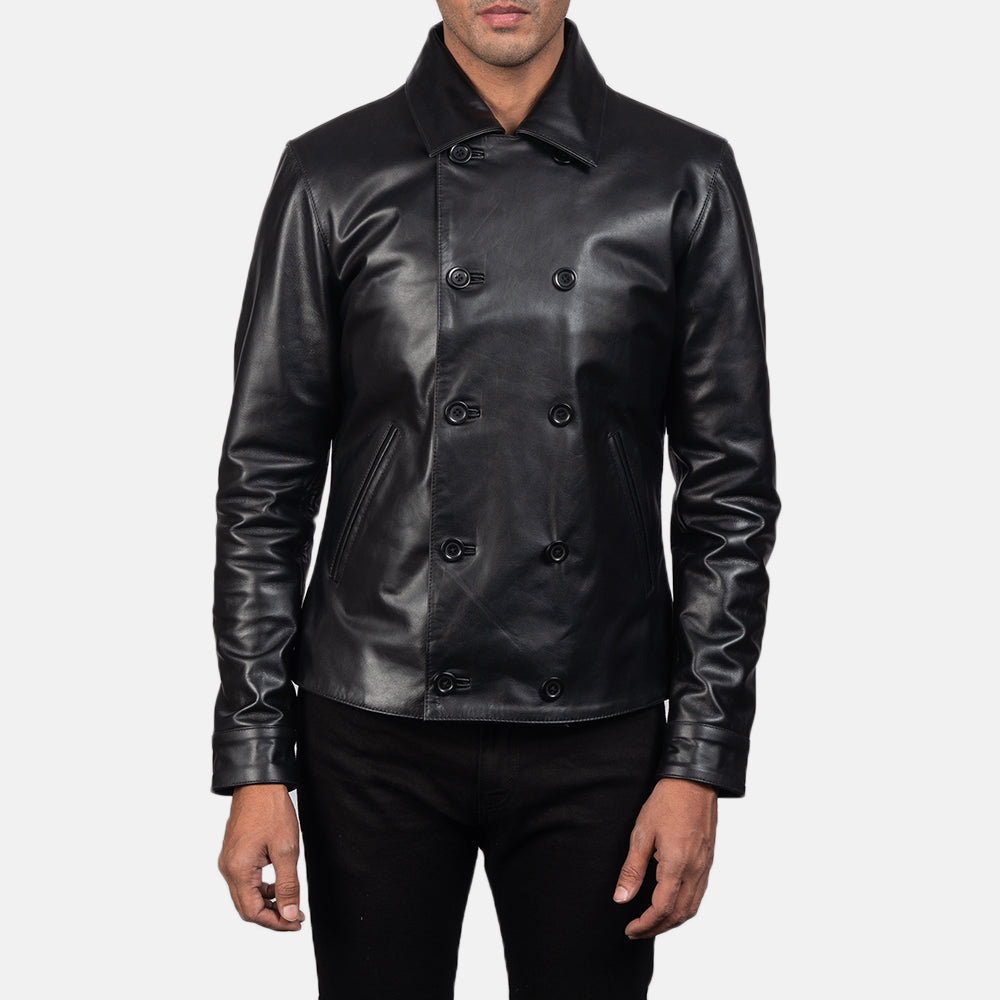 Mod 黑色 Leather Peacoat 男士 in Black Cowhide Leather - Front Profile View &amp; Tailored Silhouette | Buy Online