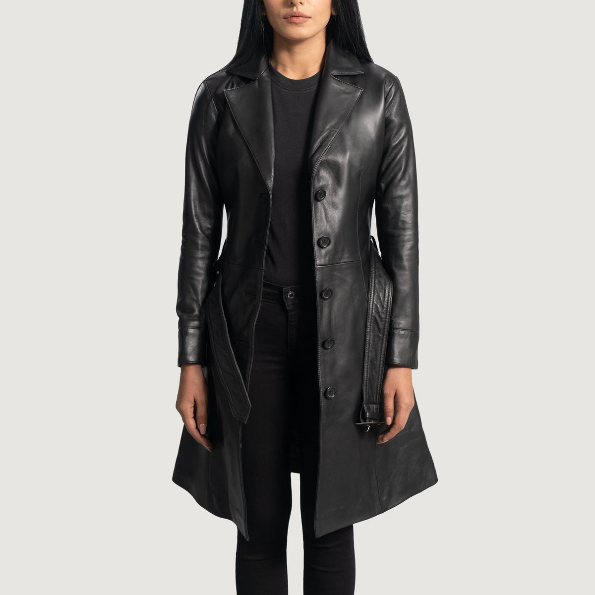 
Moonlight 经典黑 真皮风衣大衣 女士 in Black Sheepskin Leather - 正面版型与定制立体剪裁轮廓 | 官方商城选购