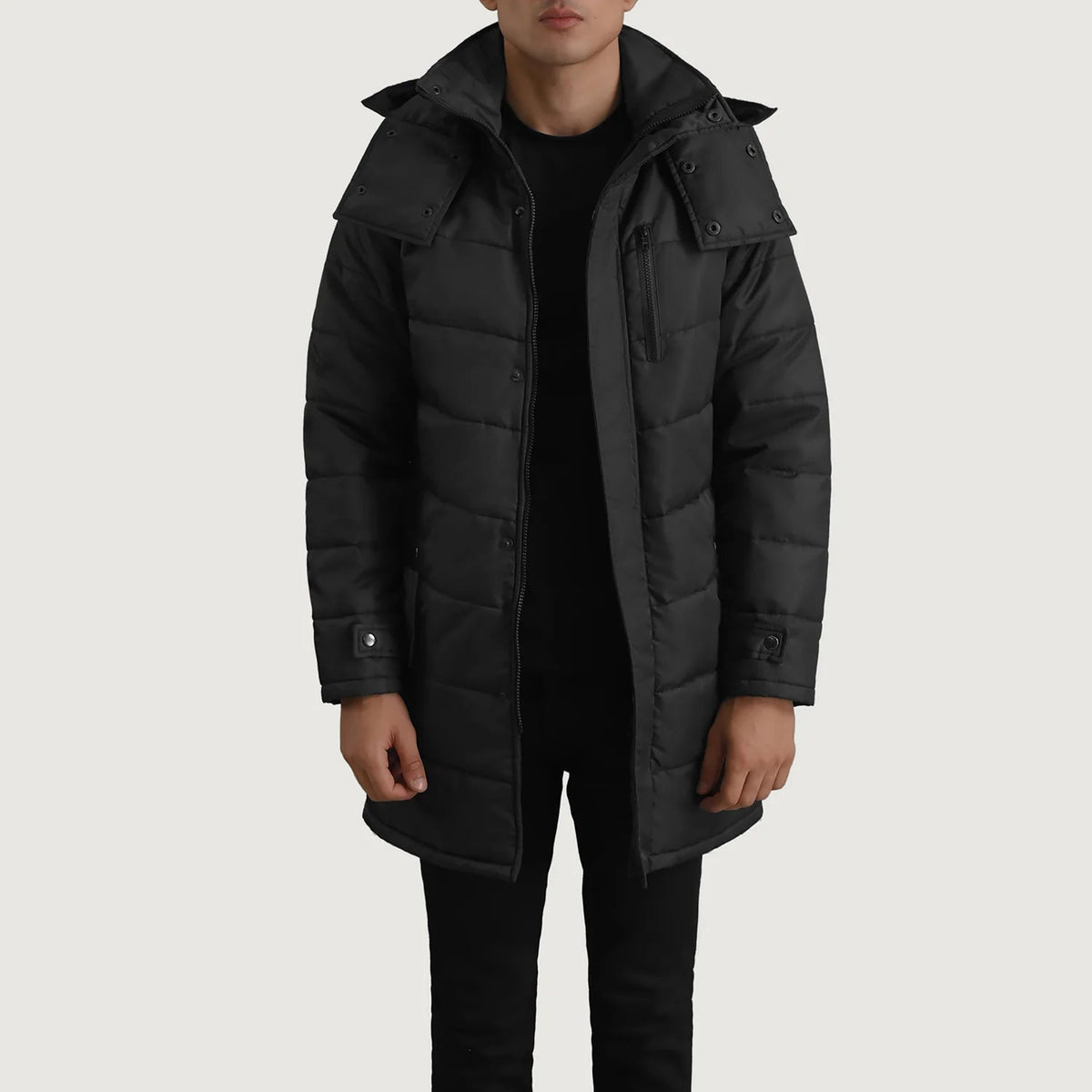 
Moore 经典黑 Hooded Parka 男士 经典黑色头层牛皮 - 正面版型与定制立体剪裁轮廓 | 官方商城选购