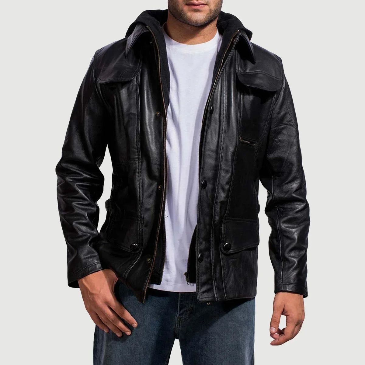 Men's Moulder Hooded 黑色 真皮夹克 男士 in Black Cowhide Leather - Front Profile View &amp; Tailored Silhouette | Buy Online