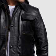 Men's Moulder Hooded 黑色 真皮夹克 男士 - Lateral Side Profile View Showing Sleeve Cut &amp; Athletic Taper Fit