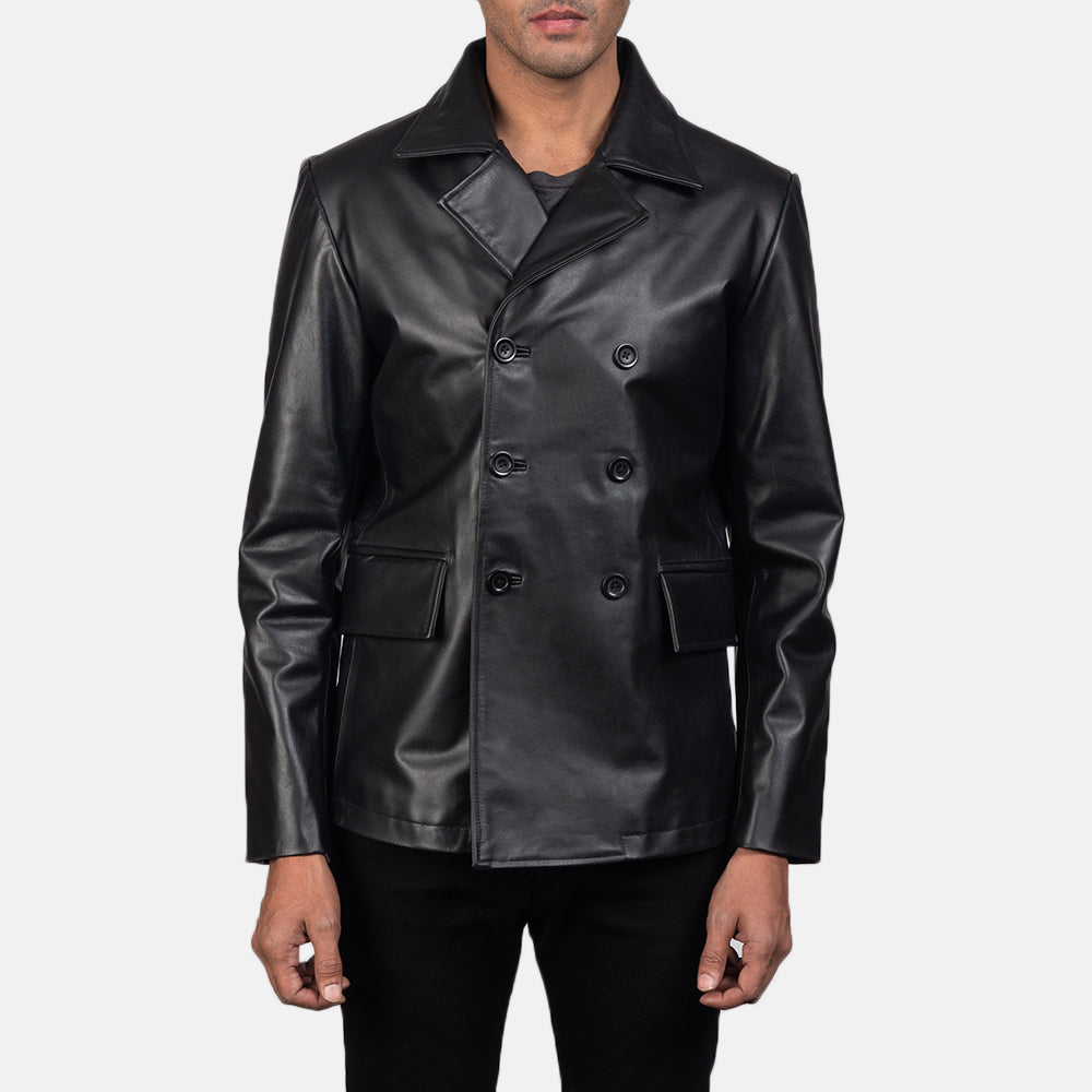 Men's Mr. Bailey 黑色 Leather Naval Peacoat 男士 in Black Cowhide Leather - Front Profile View &amp; Tailored Silhouette | Buy Online
