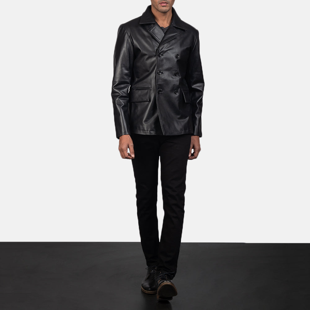 Men's Mr. Bailey 黑色 Leather Naval Peacoat 男士 - Lateral Side Profile View Showing Sleeve Cut &amp; Athletic Taper Fit