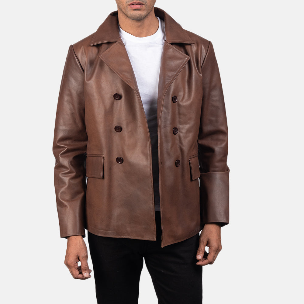 
细节特写 of Notch & Buttons Hardware on Mr. Bailey 复古棕 Leather Naval Peacoat 男士
