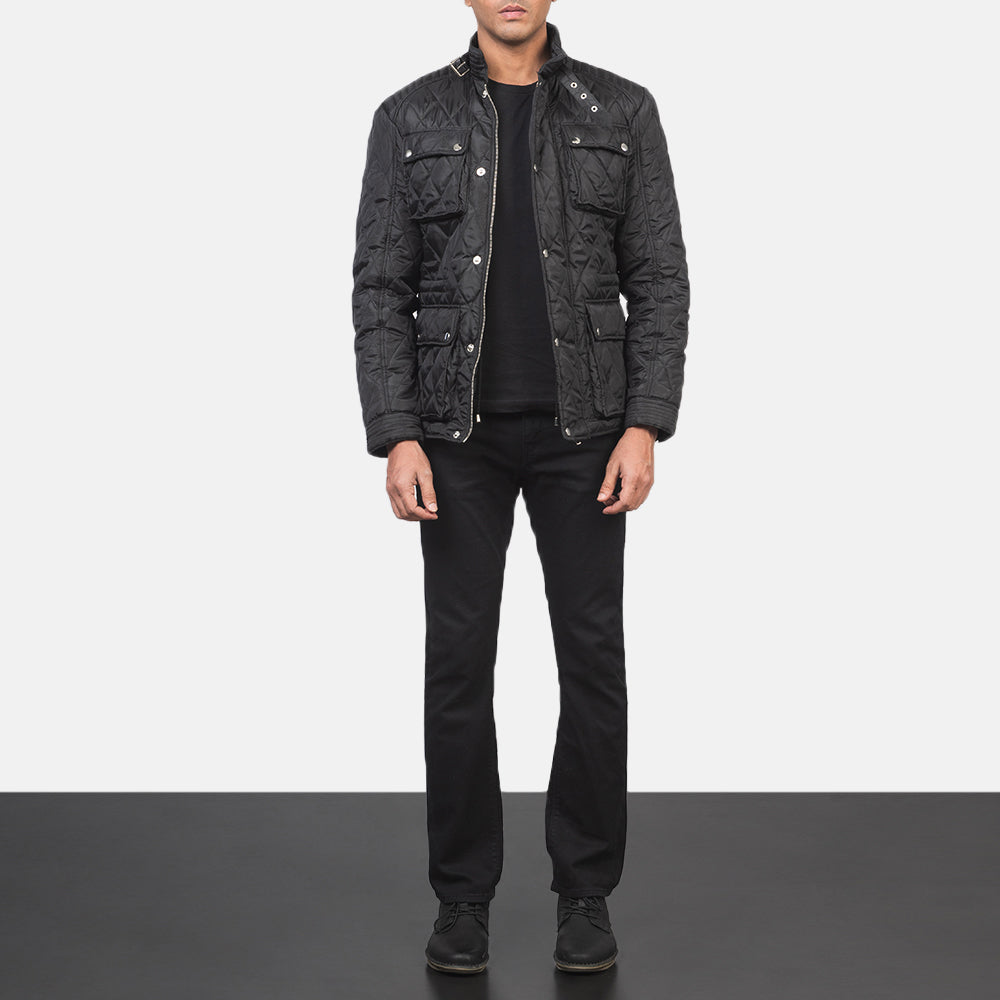 Men's Nelson Quilted 黑色 Windbreaker 真皮夹克 男士 - Lateral Side Profile View Showing Sleeve Cut &amp; Athletic Taper Fit