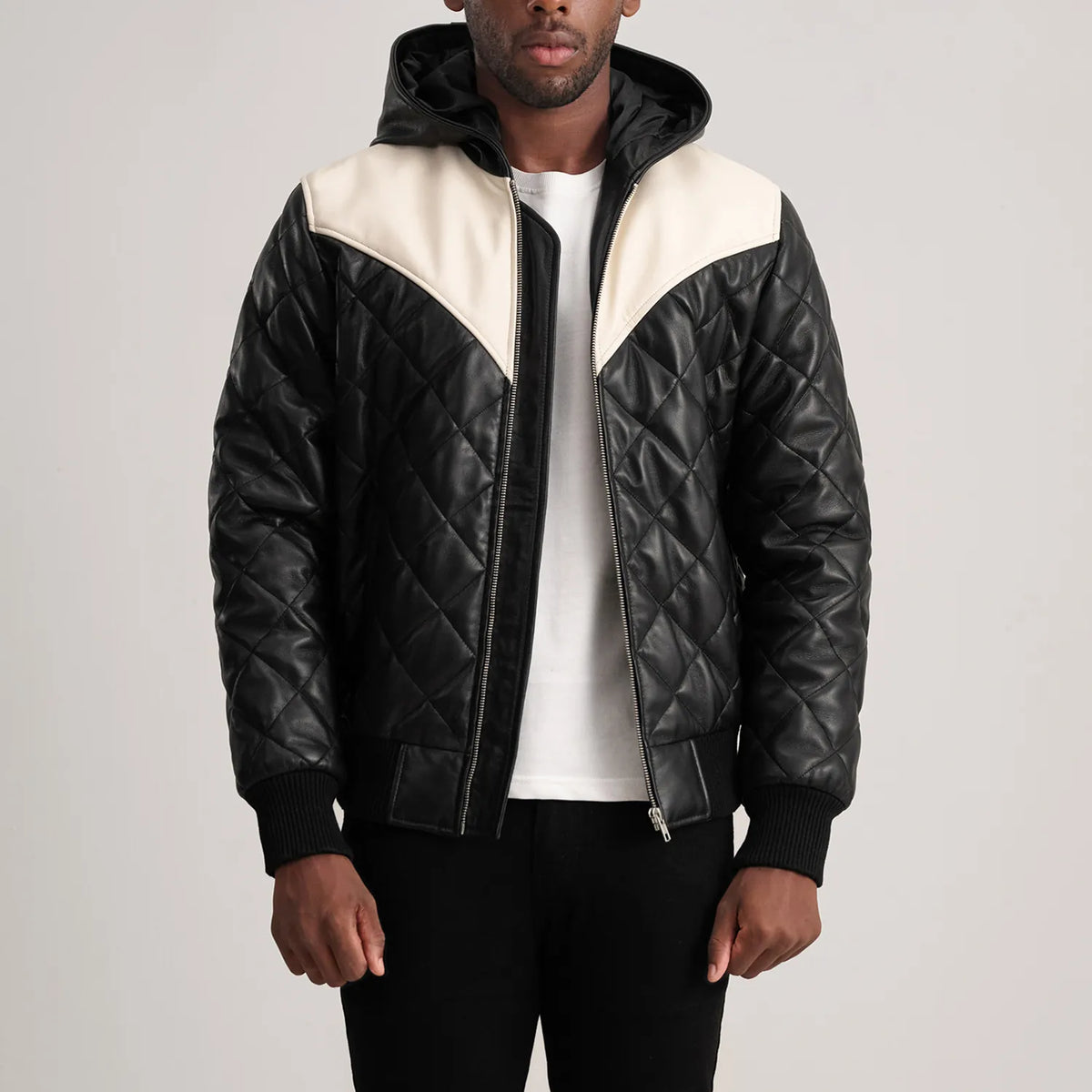 
Norman Tan Hooded Bomber Leather Puffer Jacket in Tan Brown Sheepskin Leather - 正面版型与定制立体剪裁轮廓 | 官方商城选购