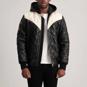 
Norman Tan Hooded Bomber Leather Puffer Jacket in Tan Brown Sheepskin Leather - 正面版型与定制立体剪裁轮廓 | 官方商城选购