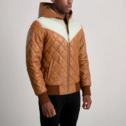 
模特上身效果： Norman Tan Hooded Bomber Leather Puffer Jacket 模特试穿展示（自然光垂坠质感）