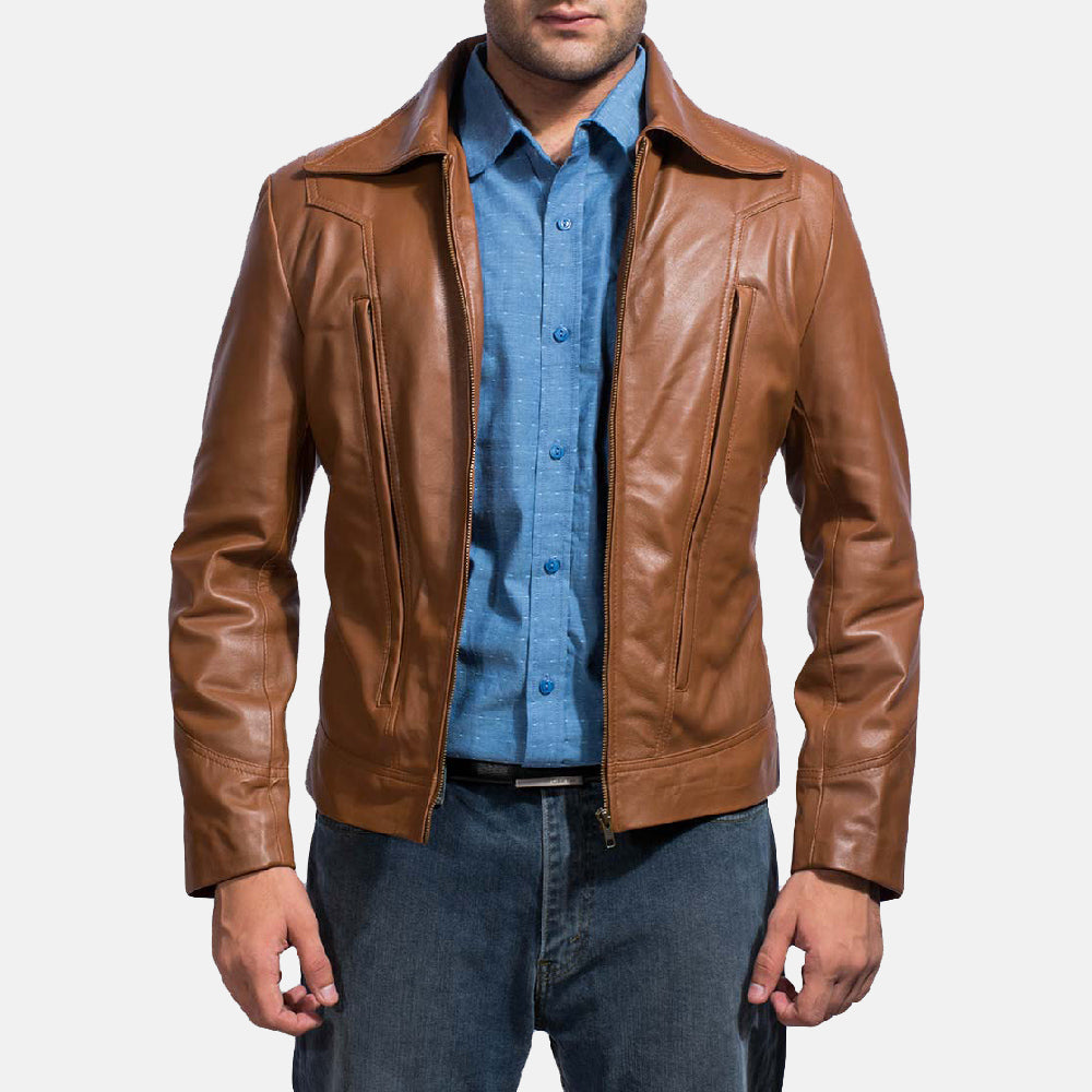 Old School 棕色 真皮夹克 男士 in Brown Sheepskin Leather - Front Profile View &amp; Tailored Silhouette | Buy Online