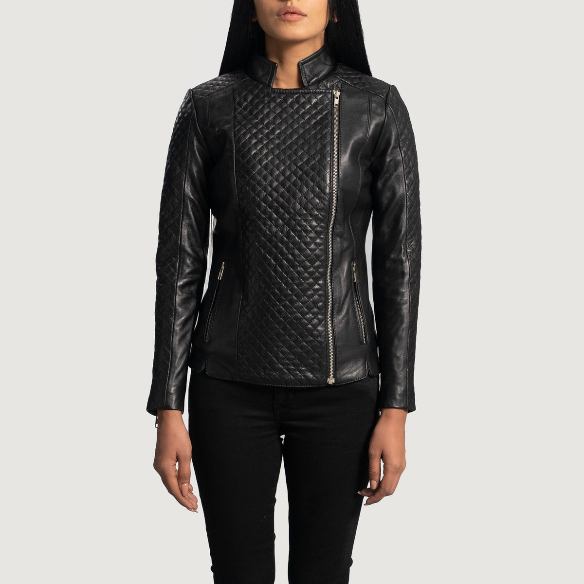 Women's Orient Grain Quilted 黑色 真皮机车夹克 女士 in Black Sheepskin Leather - Front Profile View &amp; Tailored Silhouette | Buy Online