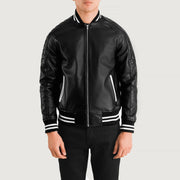 Pascal 黑色 Leather Varsity 真皮夹克 男士 in Black Sheepskin Leather - Front Profile View &amp; Tailored Silhouette | Buy Online